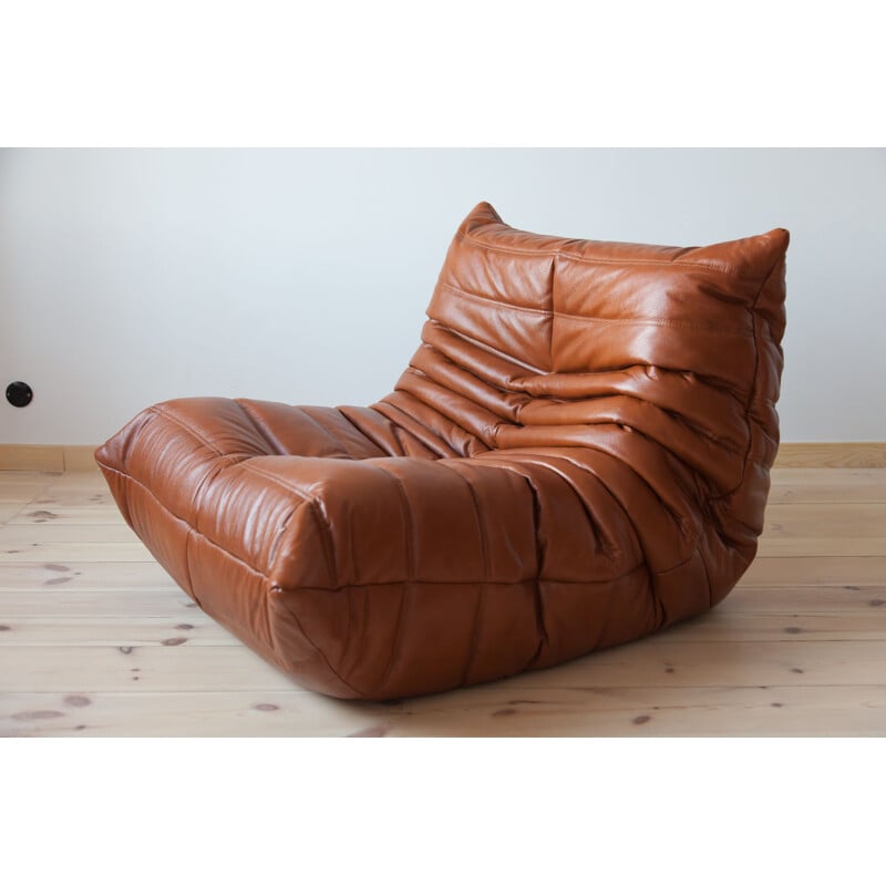 Camel Brown Leather Togo Corner Chair by Michel Ducaroy for Ligne