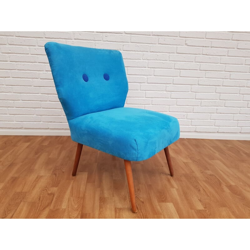 Blue fabric and beech wood vintage armchair, 1970
