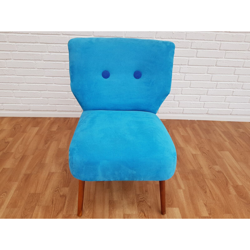 Fauteuil vintage en tissu bleu et bois de hêtre, 1970