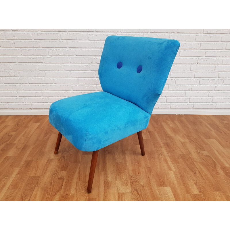 Blue fabric and beech wood vintage armchair, 1970