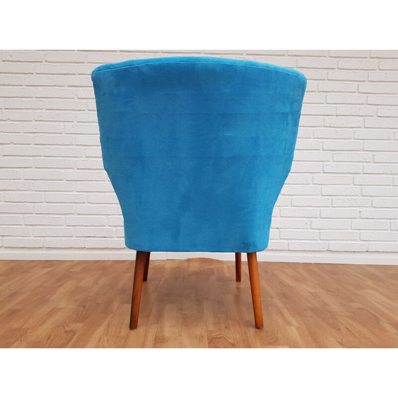 Blue fabric and beech wood vintage armchair, 1970