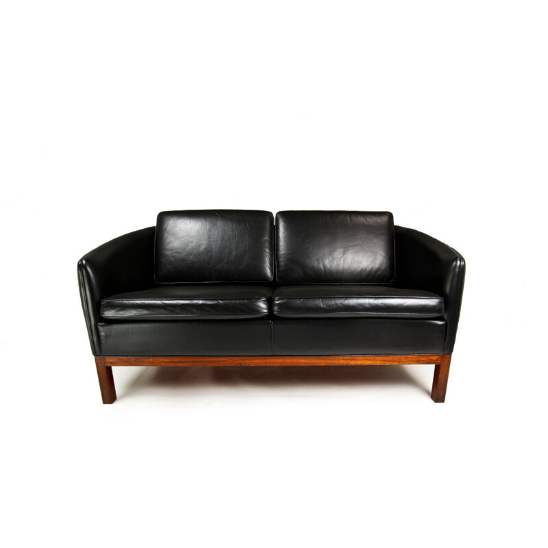 Vintage sofa black leather & rosewood by Illum Wikkelso for Holger Christiansen, Denmark 1950s