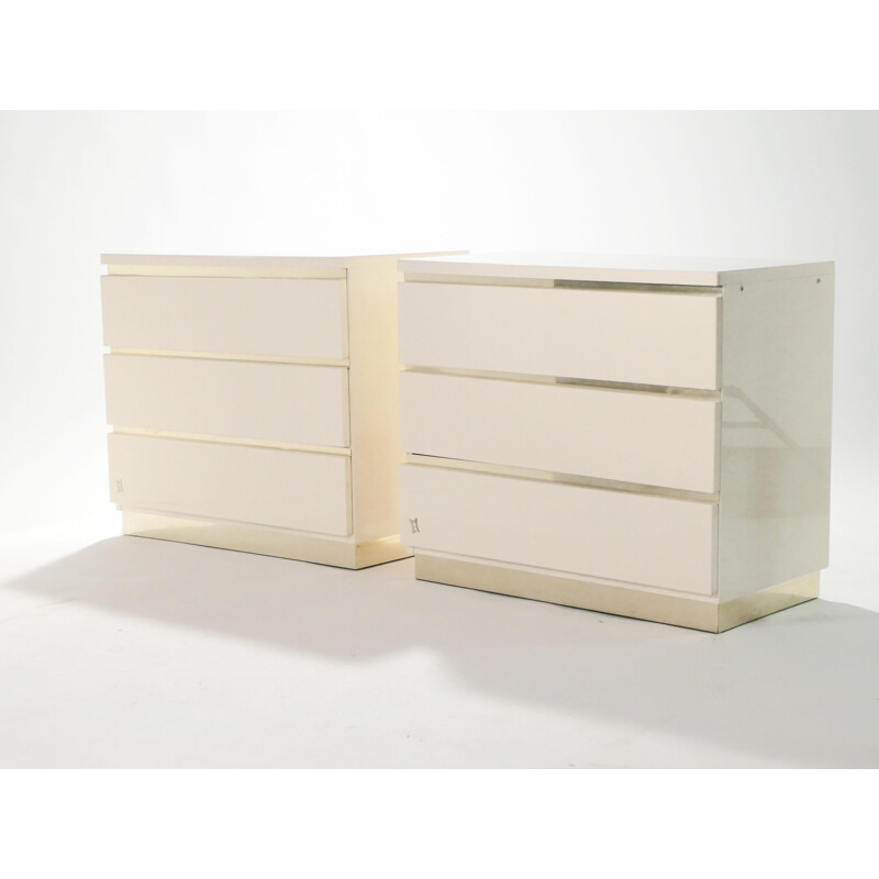Pair of vintage chests of drawers white lacquered and brass J.C. Mahey for the Maison Romeo 1970