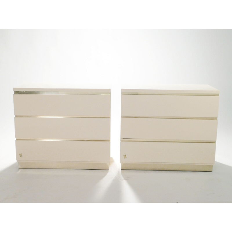 Pair of vintage chests of drawers white lacquered and brass J.C. Mahey for the Maison Romeo 1970