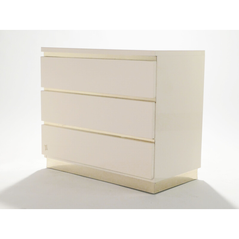 Pair of vintage chests of drawers white lacquered and brass J.C. Mahey for the Maison Romeo 1970