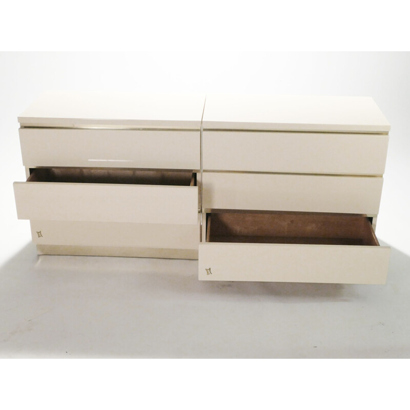 Pair of vintage chests of drawers white lacquered and brass J.C. Mahey for the Maison Romeo 1970