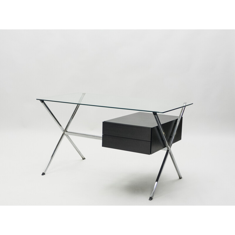 Vintage desk glass and chrome 1928 by Franco Albini for Knoll 1950