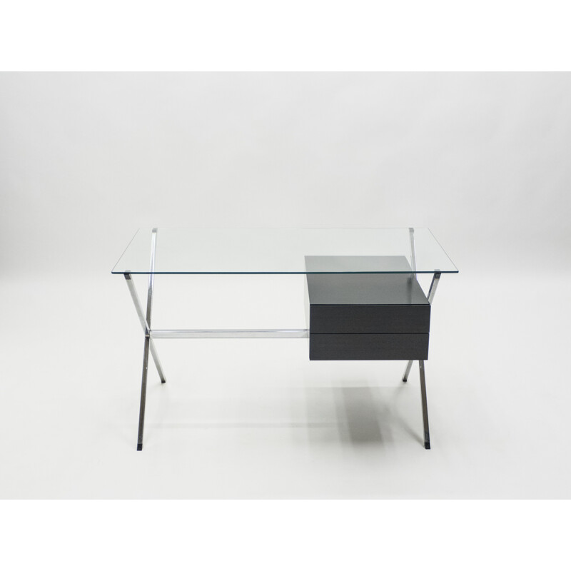 Vintage desk glass and chrome 1928 by Franco Albini for Knoll 1950