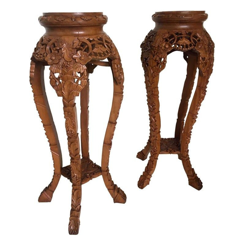 Set of 2 vintage Large Brown Hand Carved sidetable 1940