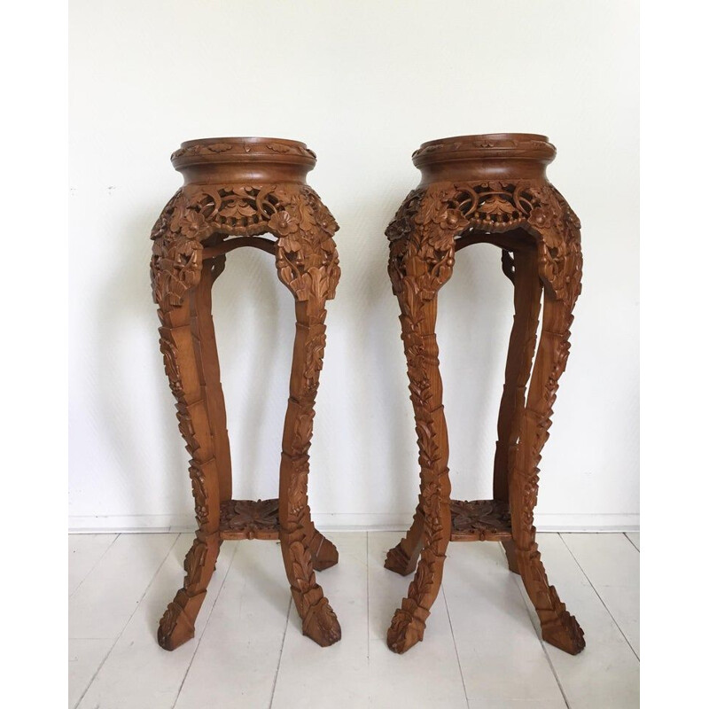 Set of 2 vintage Large Brown Hand Carved sidetable 1940