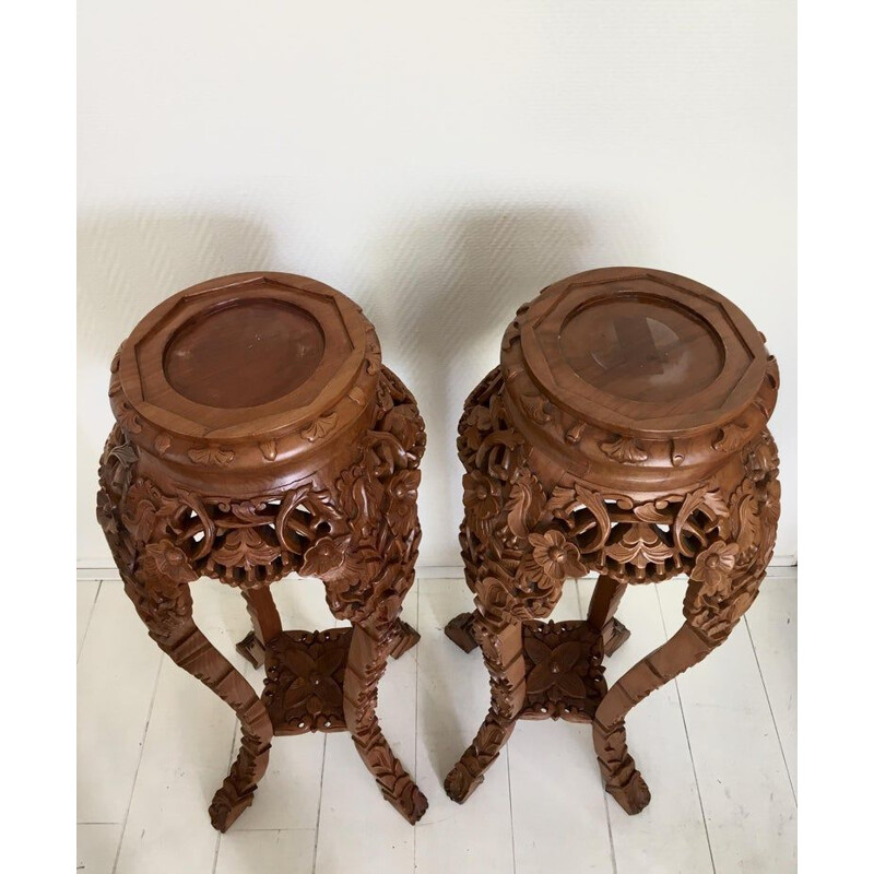 Set of 2 vintage Large Brown Hand Carved sidetable 1940