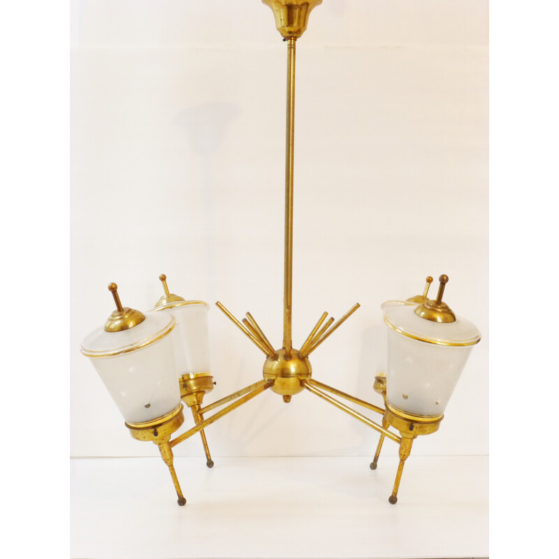 Vintage glass and gilt brass chandelier, 1950