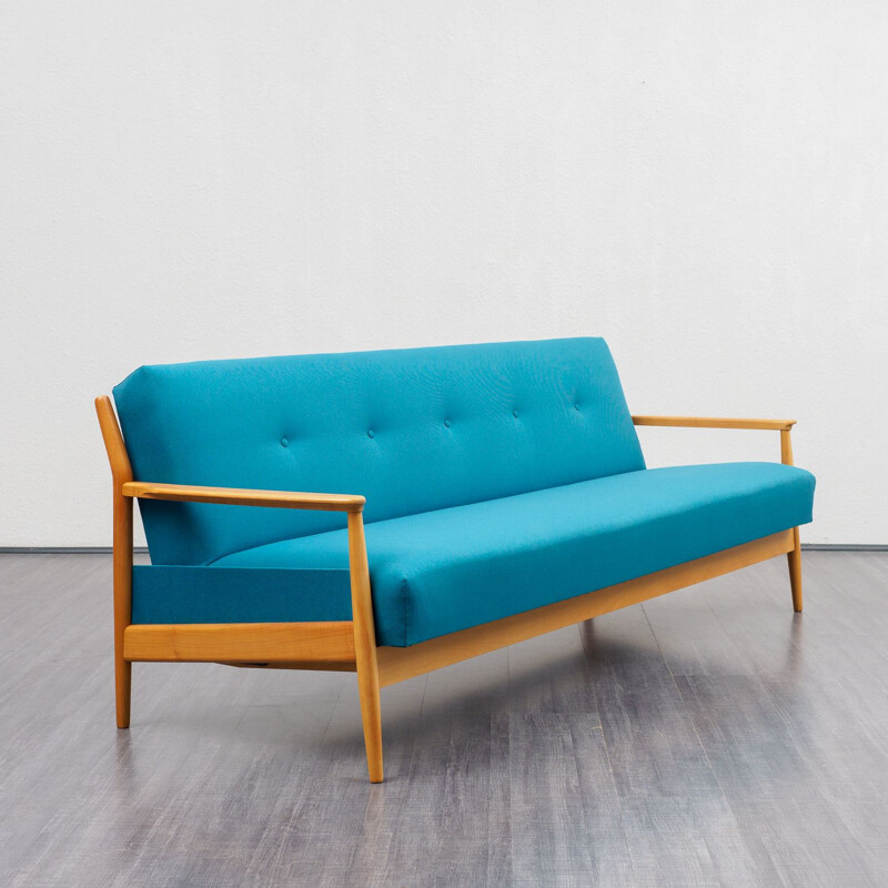 Vintage petrol blue 3 seaters sofa with fold-out function in cherrywood 1960s 