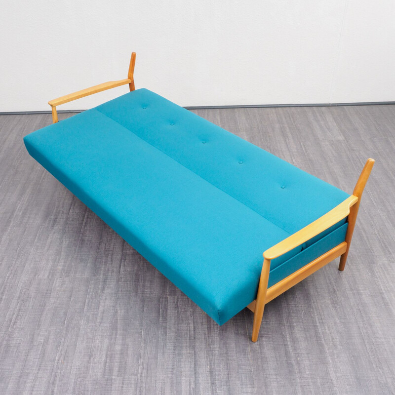 Vintage petrol blue 3 seaters sofa with fold-out function in cherrywood 1960s 