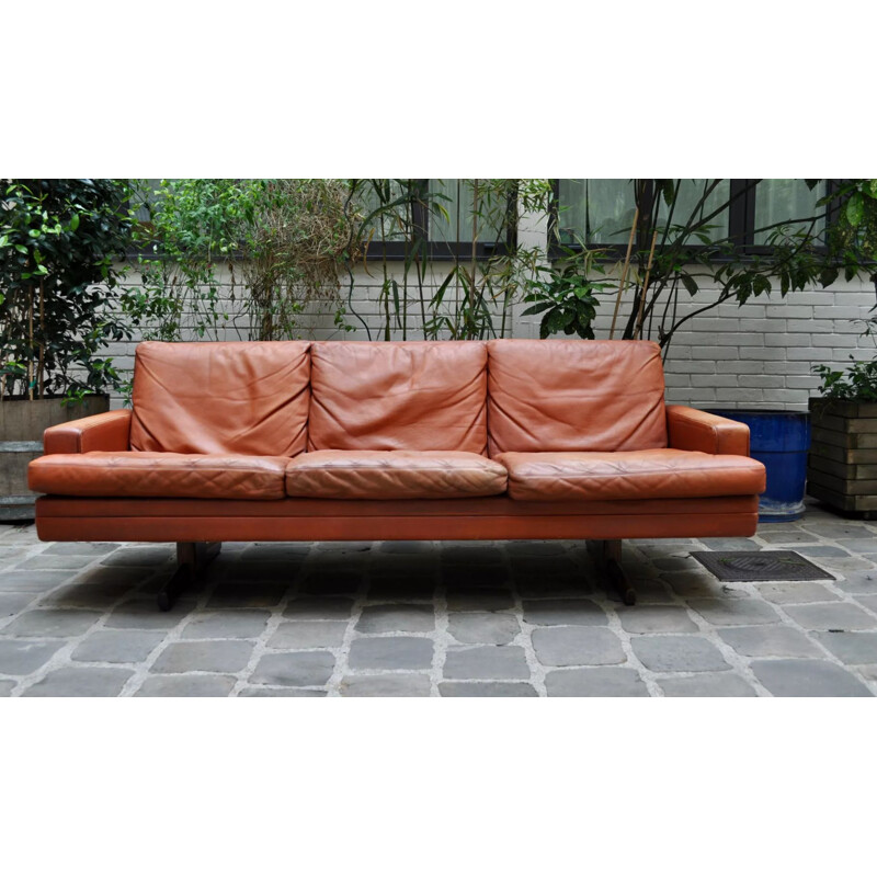 Vintage Leather and Rosewood 3 seaters sofa Fredrik Kayser 1965