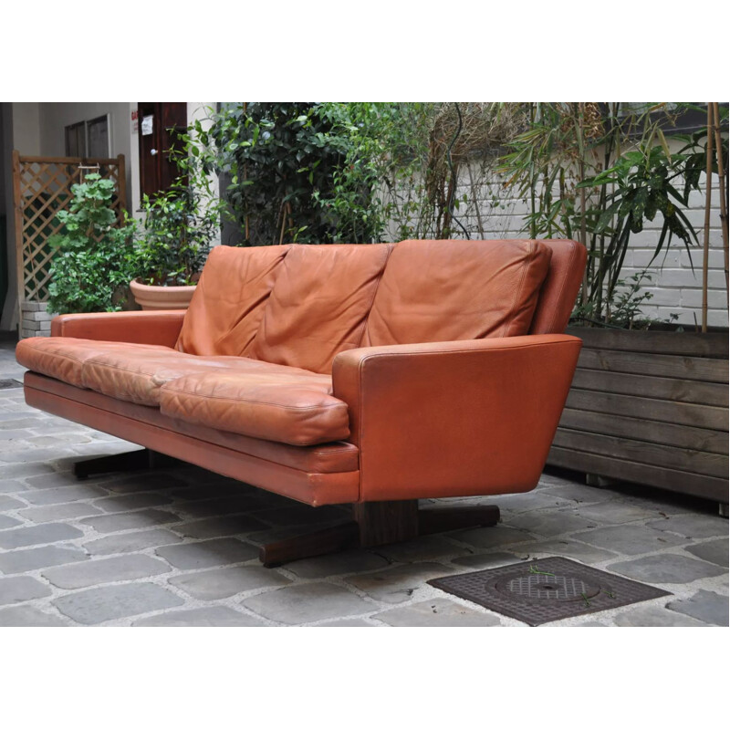 Vintage Leather and Rosewood 3 seaters sofa Fredrik Kayser 1965