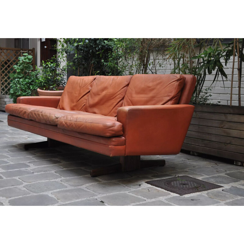 Vintage Leather and Rosewood 3 seaters sofa Fredrik Kayser 1965