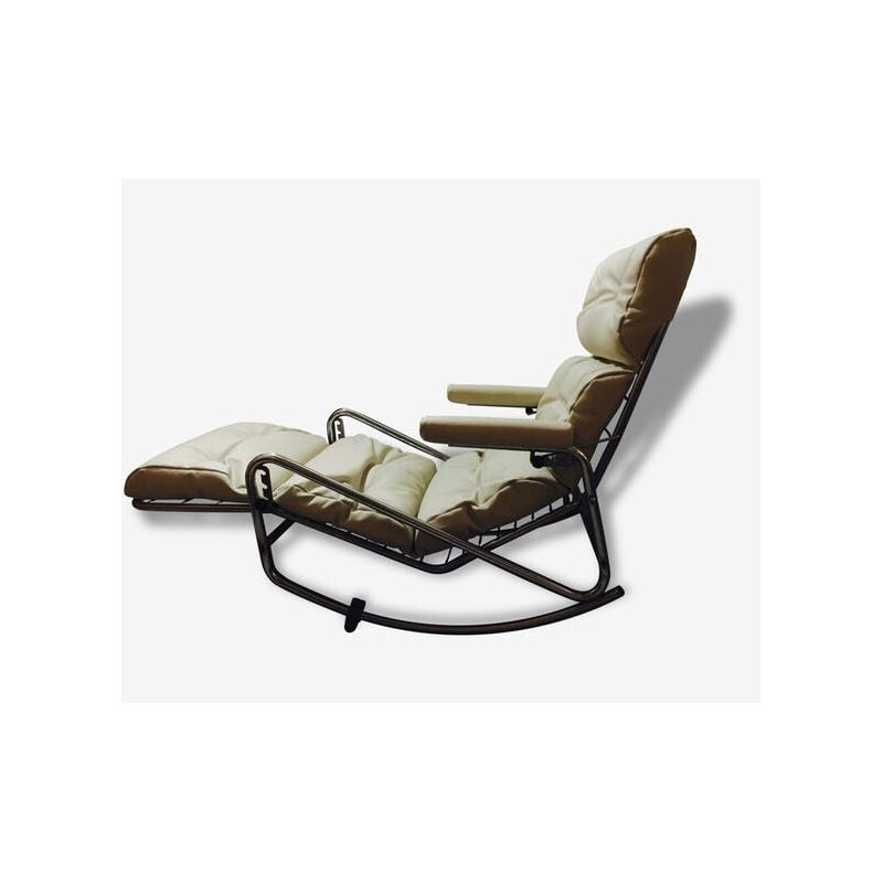 Chaise longue vintage cuir blanc et repose pieds 1950