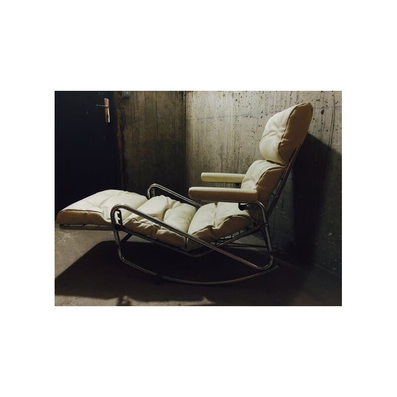 Chaise longue vintage cuir blanc et repose pieds 1950