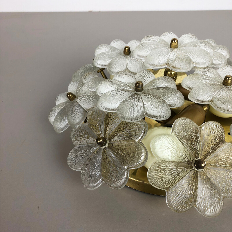 Vintage large Floral Glass & Brass Ceiling Wall Light by Ernst Palme 1970s