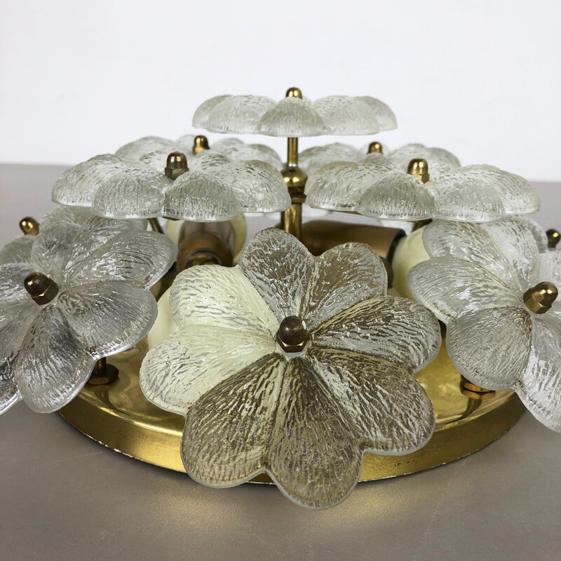 Vintage large Floral Glass & Brass Ceiling Wall Light by Ernst Palme 1970s