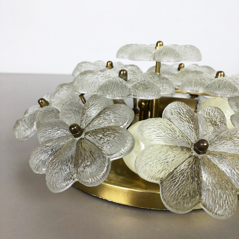 Vintage large Floral Glass & Brass Ceiling Wall Light by Ernst Palme 1970s