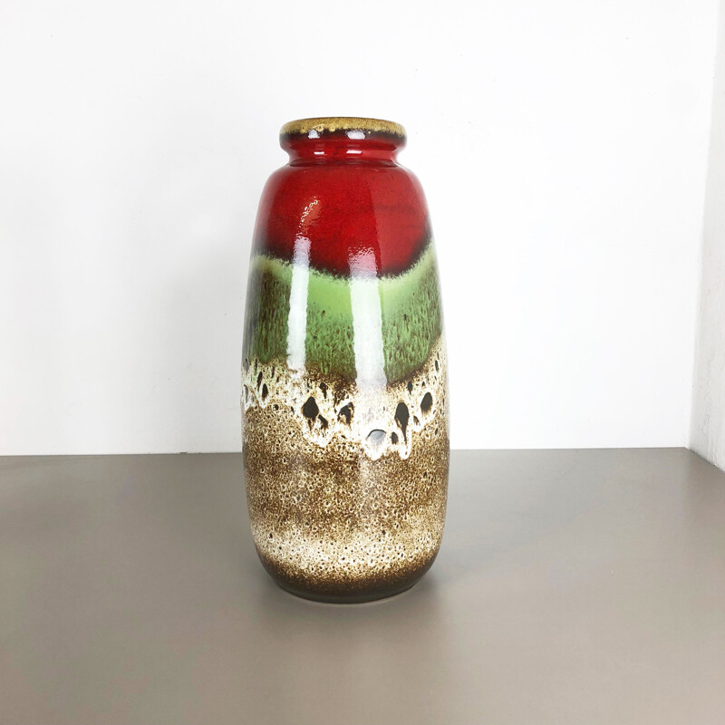 Vase vintage pour Scheurich en céramique vert marron et rouge 1970