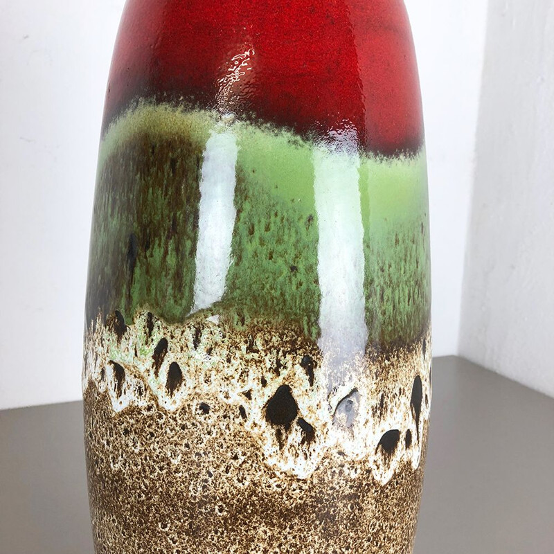 Vase vintage pour Scheurich en céramique vert marron et rouge 1970