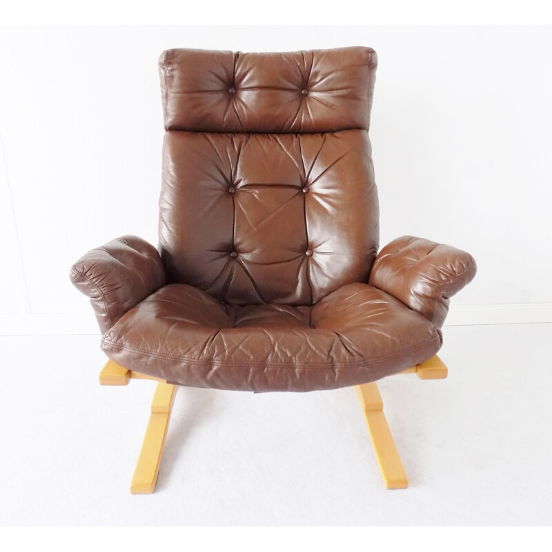 Vintage scandinavian Kengu armchair for Rykken in brown leather 1960