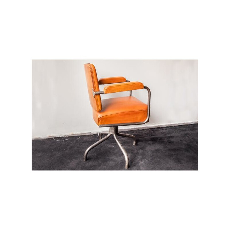 French vintage armchair in orange leather and metal 1930