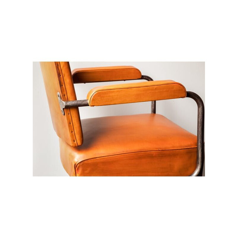 French vintage armchair in orange leather and metal 1930