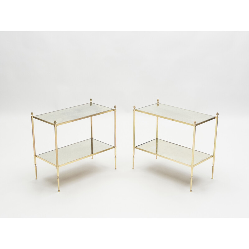 Pair of vintage tables for Maison Baguès in mirror and brass 1950