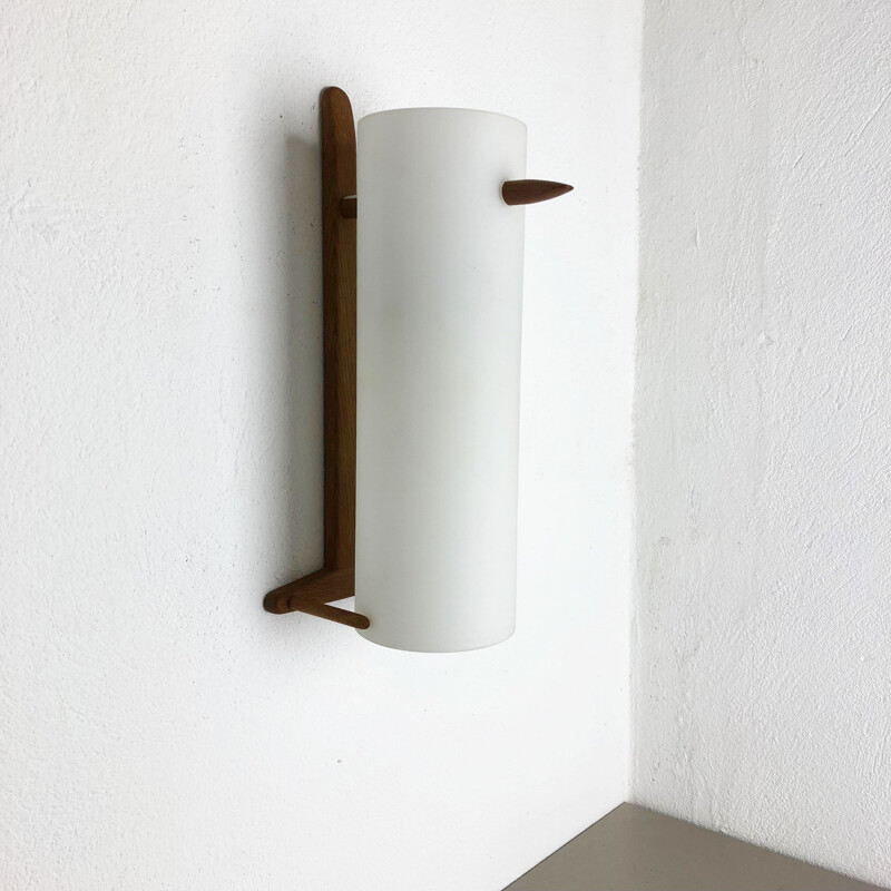 Scandinavian vintage teak and glass wall lamp by Uno and Östen Kristiquil for Luxus, Sweden 1960