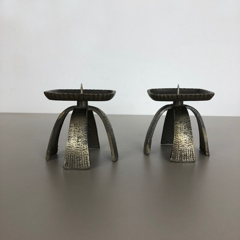 Pair of vintage black metal candlesticks, France 1950