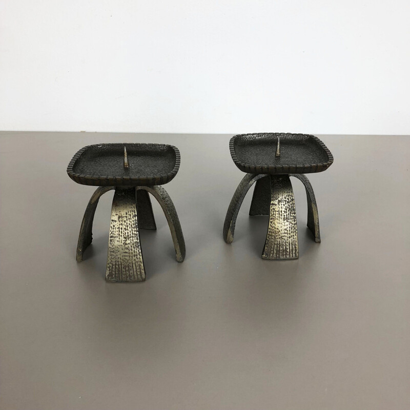 Pair of vintage black metal candlesticks, France 1950