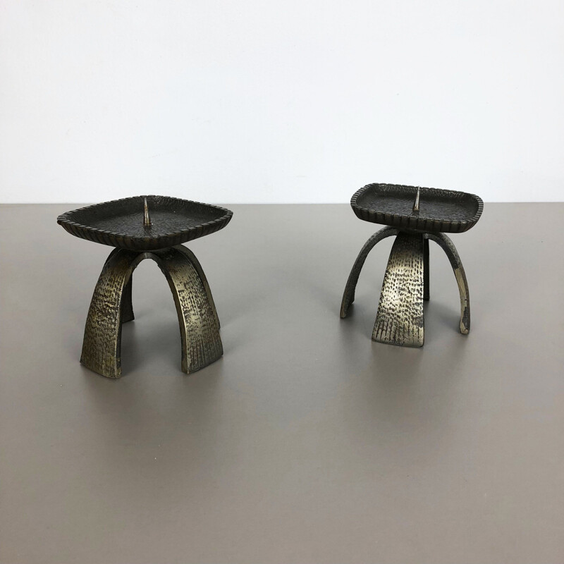 Pair of vintage black metal candlesticks, France 1950