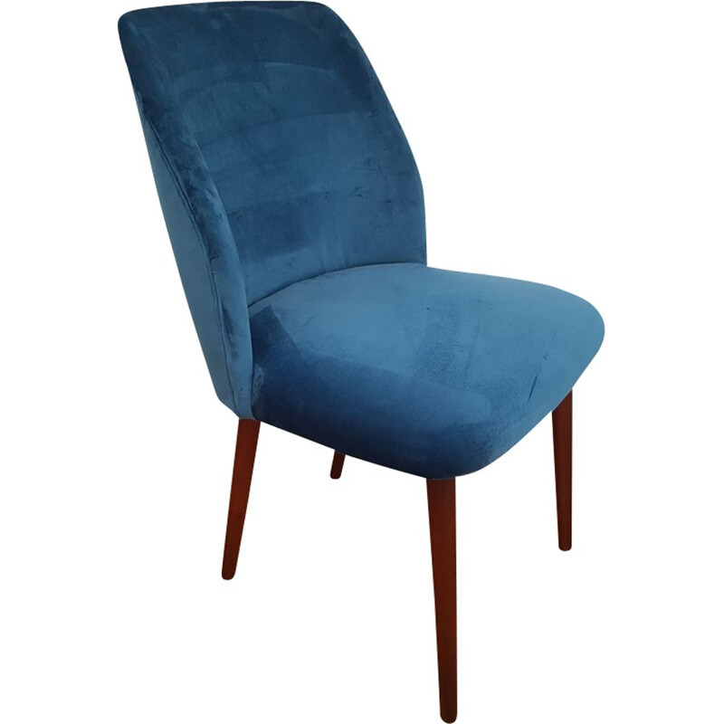 Vintage beukenhouten en blauw fluwelen fauteuil, 1960