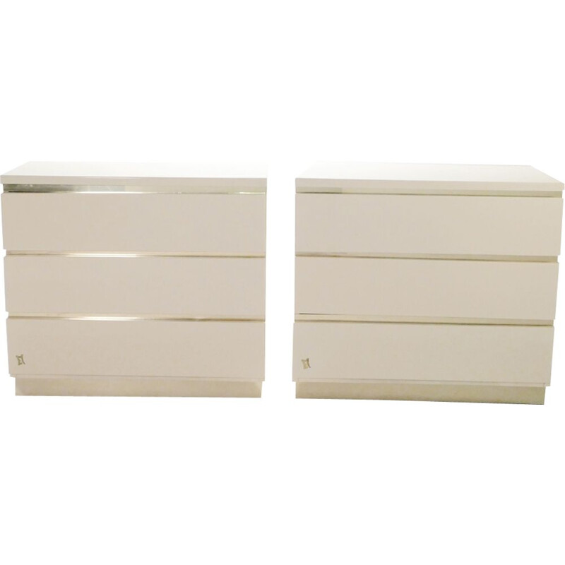 Pair of vintage chests of drawers white lacquered and brass J.C. Mahey for the Maison Romeo 1970