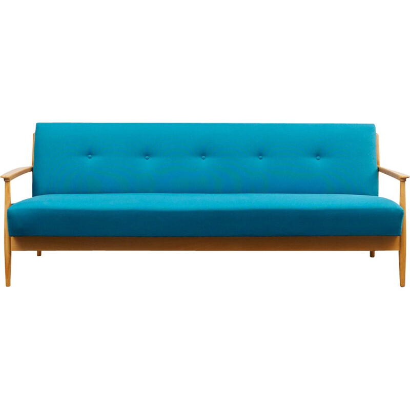 Vintage petrol blue 3 seaters sofa with fold-out function in cherrywood 1960s 