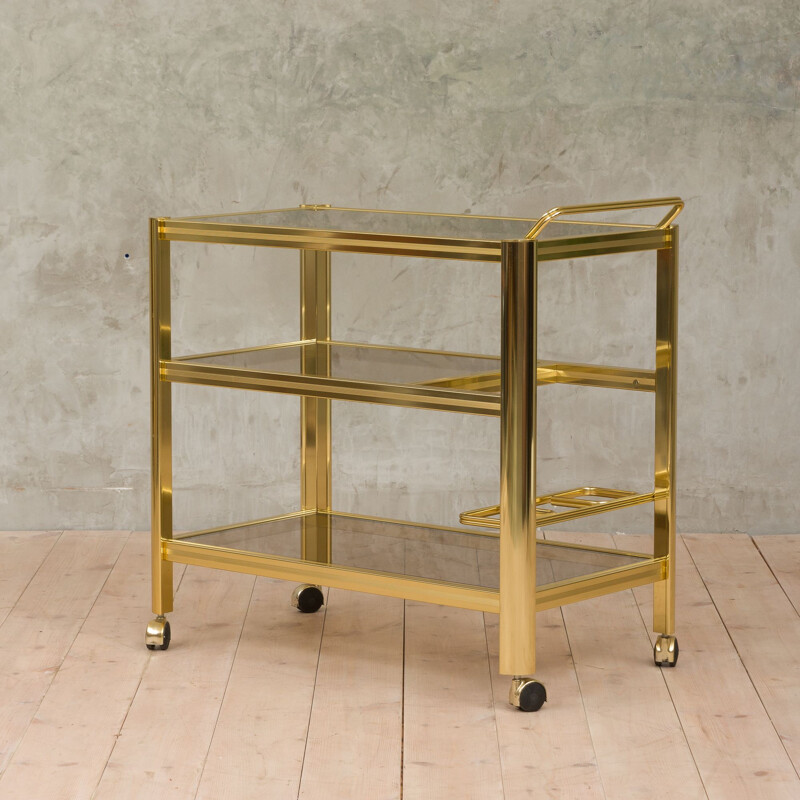 Vintage italian trolley in polished brass and smoked glass 1970