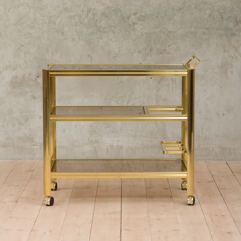 Vintage italian trolley in polished brass and smoked glass 1970