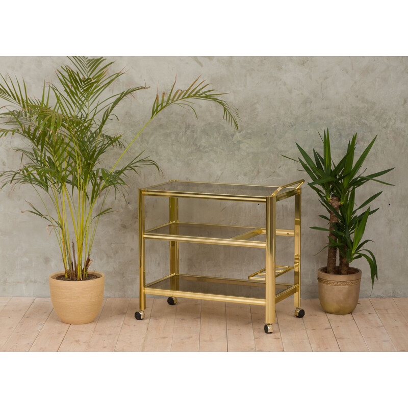 Vintage italian trolley in polished brass and smoked glass 1970