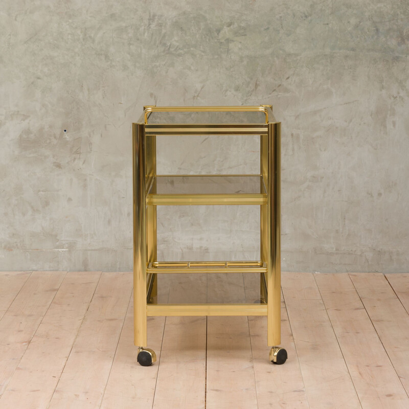 Vintage italian trolley in polished brass and smoked glass 1970