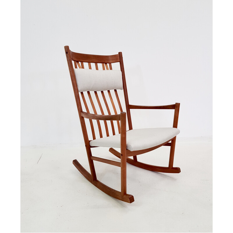 Vintage scandinavian rocking chair in teakwood and white fabric 1960