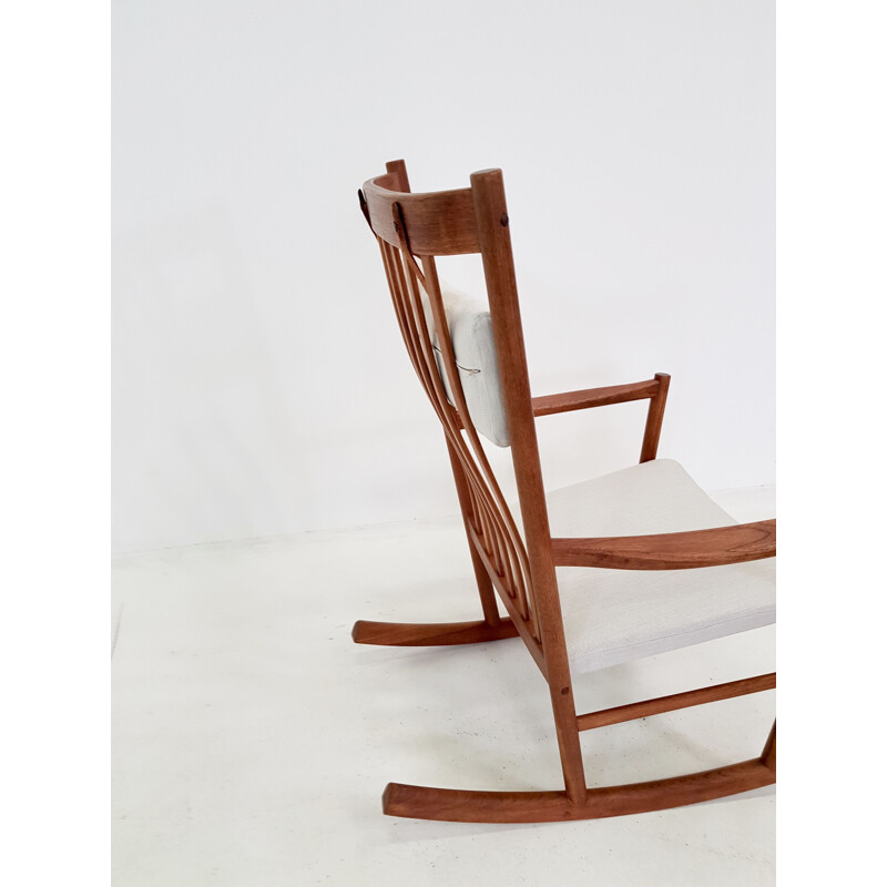 Vintage scandinavian rocking chair in teakwood and white fabric 1960