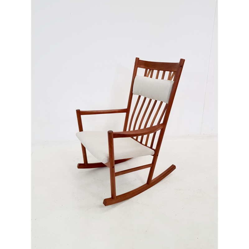 Vintage scandinavian rocking chair in teakwood and white fabric 1960