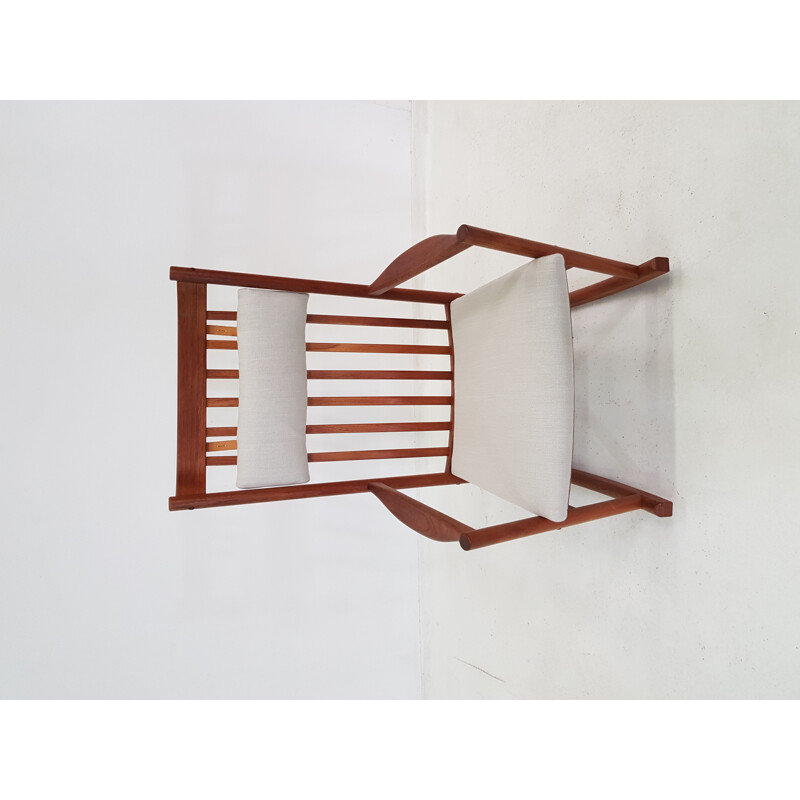 Vintage scandinavian rocking chair in teakwood and white fabric 1960