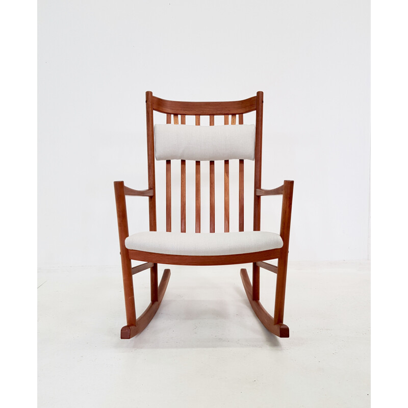 Vintage scandinavian rocking chair in teakwood and white fabric 1960