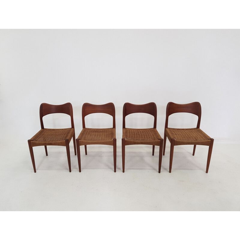 Set of 4 vintage chairs by Arne Hovmand Olsen in teak and rope 1960