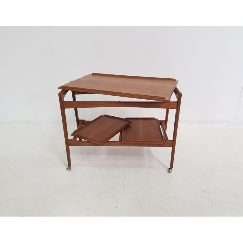 Vintage scandinavian trolley in teakwood with removable trays 1960